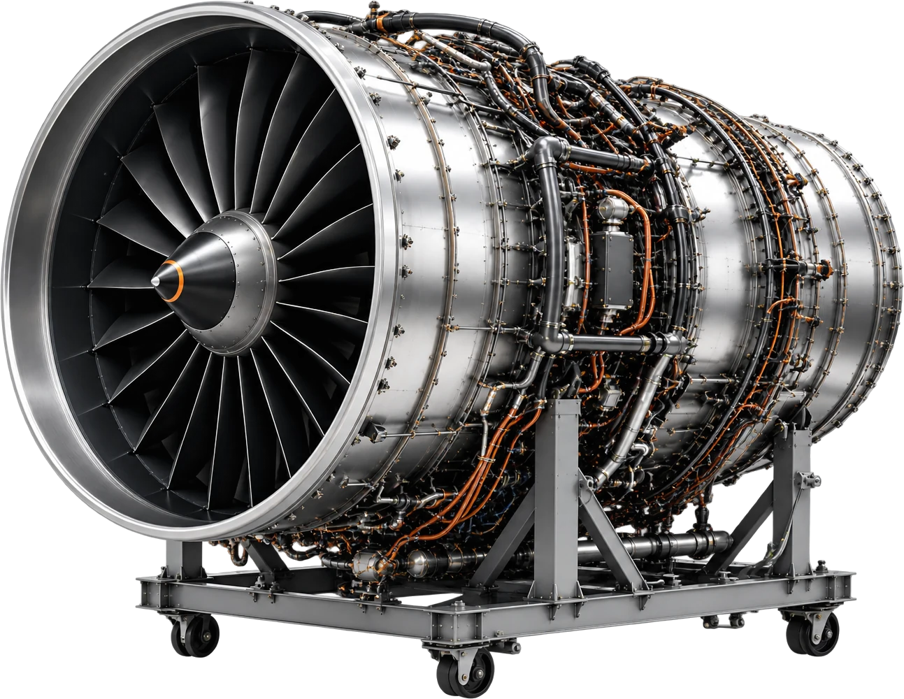 Turbofan jet engine on a maintenance stand