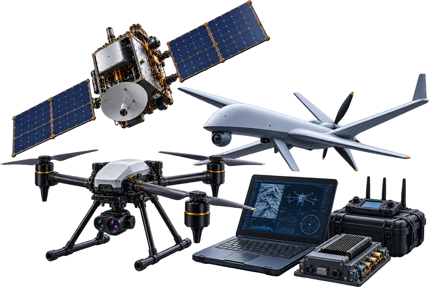 Satellite, fixed-wing UAV, multirotor drone and ground control hardware
